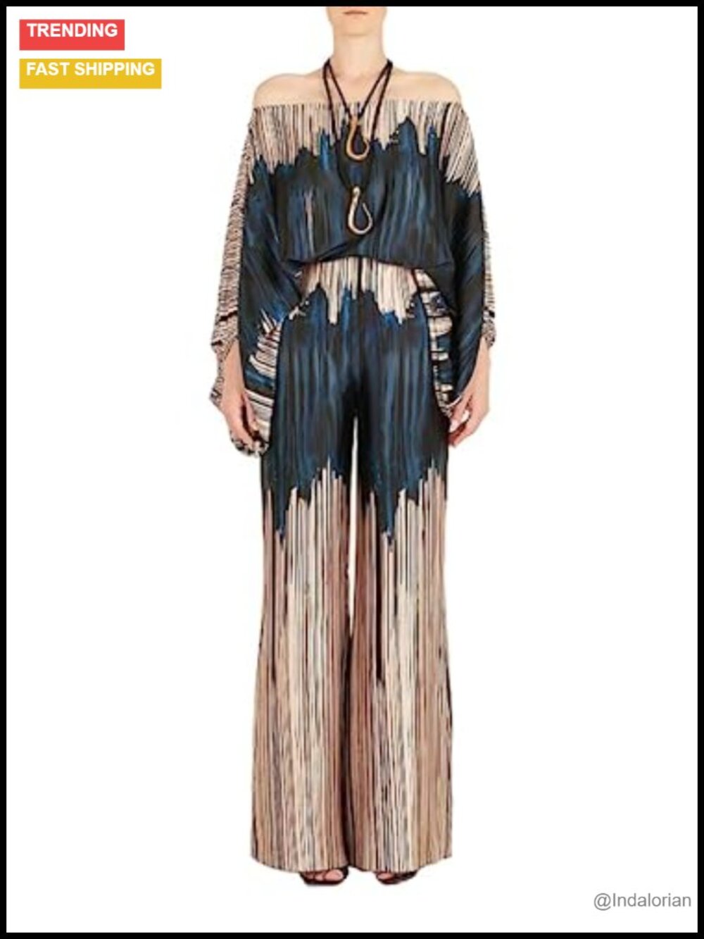 Off Shoulder Printed 2 Piece Pant Set Satin Wide Leg Long Sleeve Casual Lounge